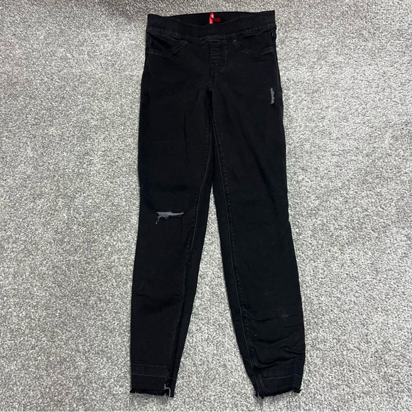 Spanx Jeans Womens Small Black Ankle Skinny High Rise Raw Hem Distressed Pull On - Picture 1 of 9